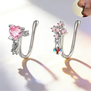 2PCS Adjustable Fake Nose Rings for Women,Non-Piercings Nose Ring Set With Heart-shaped Cross Style Shut Up Nose Clip Stylish Pink Fake Nose Piercings