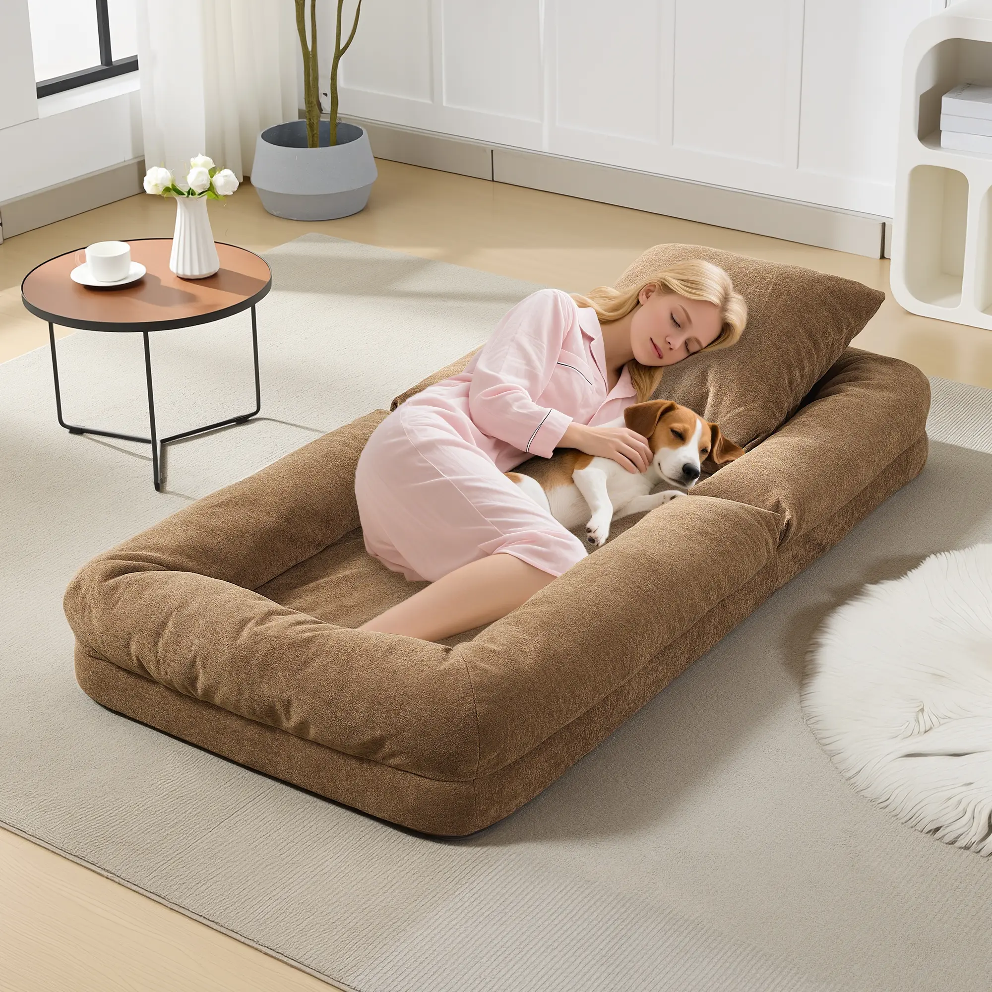 Oversized Human Dog Bed Chair for Adults – Adjustable 5-Position Chenille Lounge Sofa with 2 Pillows – Collapsible Lazy Floor Lounger for Living Room & Bedroom – Superior Comfort for Relaxing and Napping