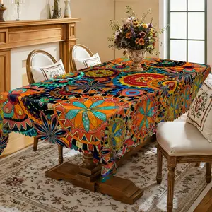 【SummerVibes】【Moving Season】REZUTAN Bohemian Printed Tablecloth Wrinkle Resistant Machine Washable Durable Multi-scene Rectangle Round Table Cover for Dining Room Kitchen Outdoor Party Holiday Home Decor Table Cloth