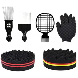 Hair Sponge Set, Magic Curl Glove, Afro Brush, Metal Pick Comb, and Twist Comb for Hairstyling (Black-6Pcs)