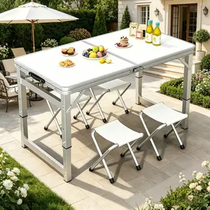 Outdoor Portable Folding Table with 4 Foldable Stools, Multifunctional Height Adjustable Camping Table with Carry Handles, Suitable for Camping, Tailgating, Grilling, Hunting, Outdoor Dining and Fishing
