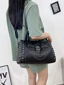 Punk Style Rivet Skull Handbag, Fashionable Solid Color Shoulder Crossbody Bag, Perfect for Shopping and Daily Use, Cross Body Bags, Casual Shoulder Bag