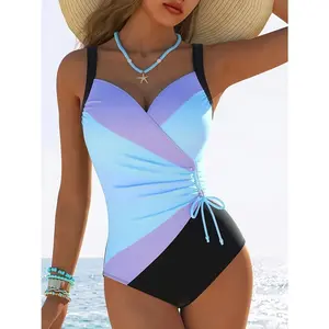 Purple Blue Black Color Block Tankini| Adjustable Drawstring Waist Swimsuit Wrap Front Color Block Tankini – Tummy Control & Flattering Fit bathing suit full coverage solid