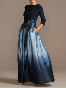 Elegant Maxi Dress Navy Multi Gradient A Line Three Quarter Length Sleeve Pocket Polyester Fabric