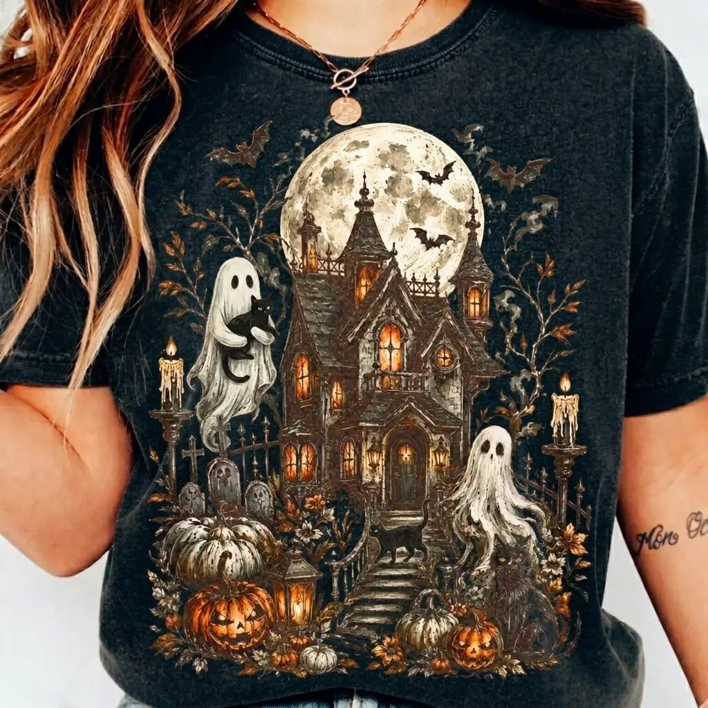 Haunted House Ghost Halloween Comfort Colors Shirt, Spooky Cottage Pumpkin Graphic Tee, Vintage Gothic Fall Comfort Colors Shirt for Women