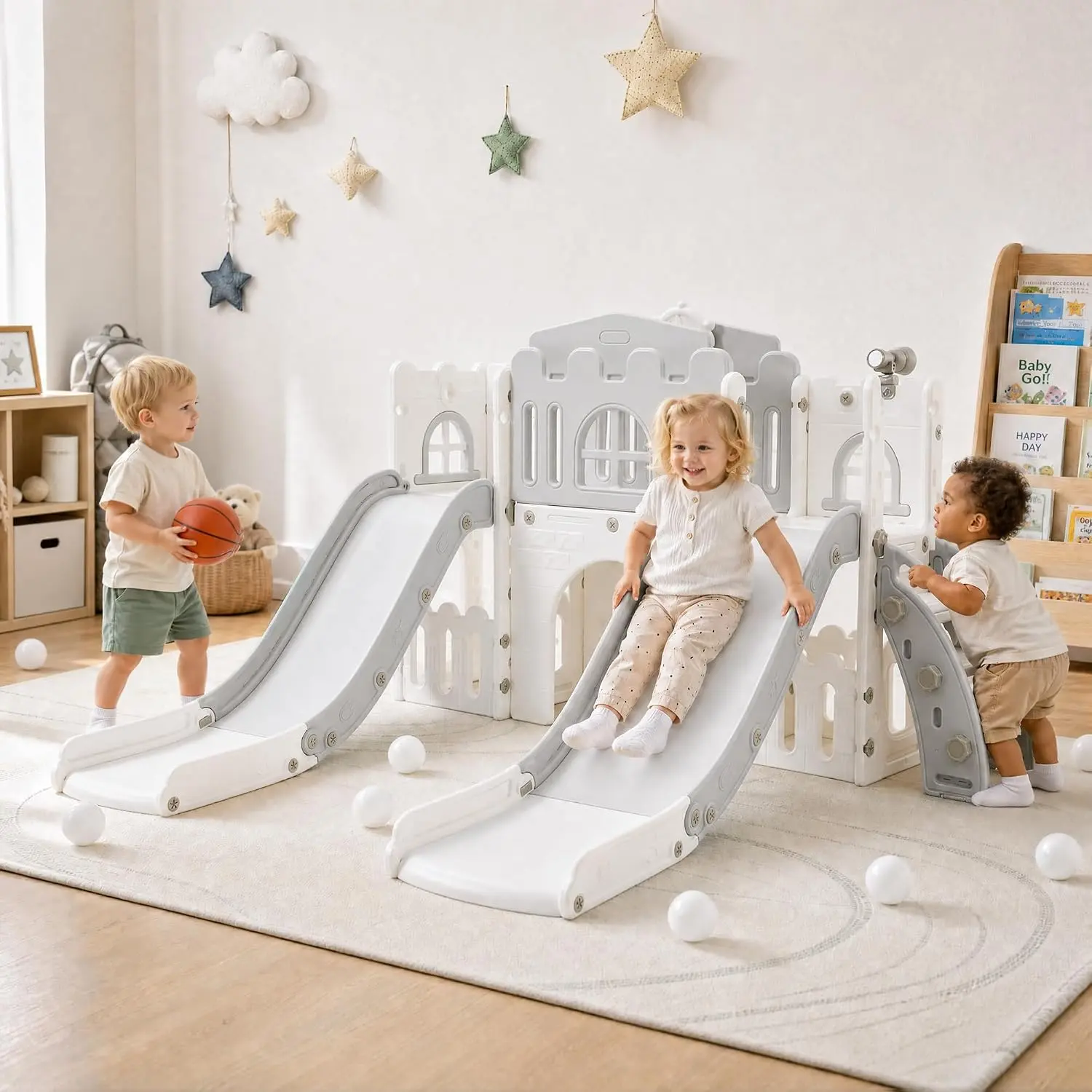 Gaomon 10-in-1 Freestanding Double Toddler Slide, Dual Side-by-Side Kids Slide for Indoor Outdoor Playground, HDPE Sturdy Climber Playset for Children Ages 1-3, Grey White