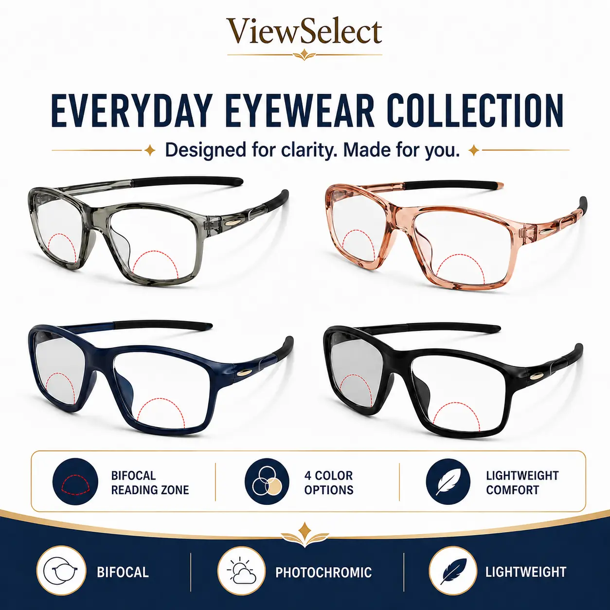 ViewSelect Bifocal Photochromic Reading Glasses for Men Women, Light Adaptive Readers with Clear Top Distance Lens, Lower Reading Zone, Lightweight Outdoor Sun Readers