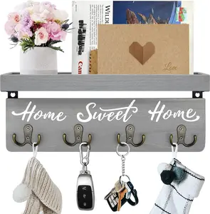 Key Holder Wall Mount with 4 Double Hooks-Solid Wood Wall-Mounted Organizer for Keys&Mail Rustic Key Rack Hanger Holder Home Decor for Entryway Living Room (Gray)