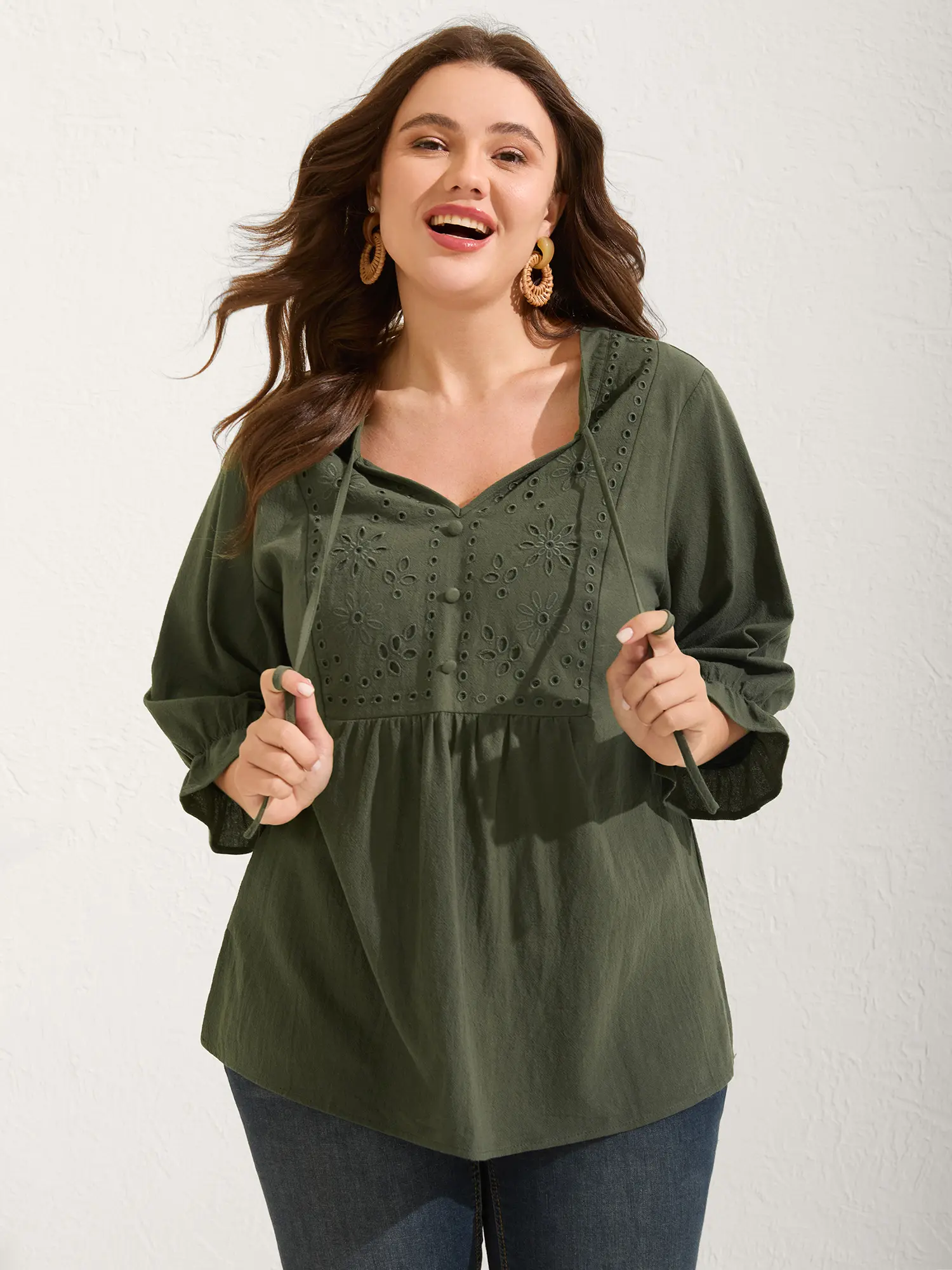 BloomChic Blouse for Plus Size Women in 100% Cotton Broderie Anglaise, a Bohemian Style with Notched Collar, Tie Knot, and Lantern Sleeves, Fabric, Style Inspo, Alternative Style