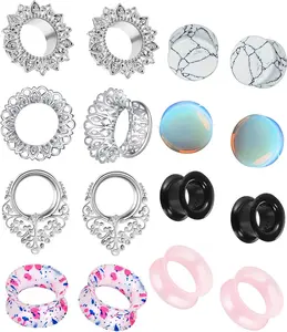 FBYJS 8 Pairs Stainless steel Ear Tunnels Earrings Silicone Gauges Plugs For Ear Brass Hollow Plugs and Tunnels Glass Piercings Stretcher Kit 2g 00g 5/8