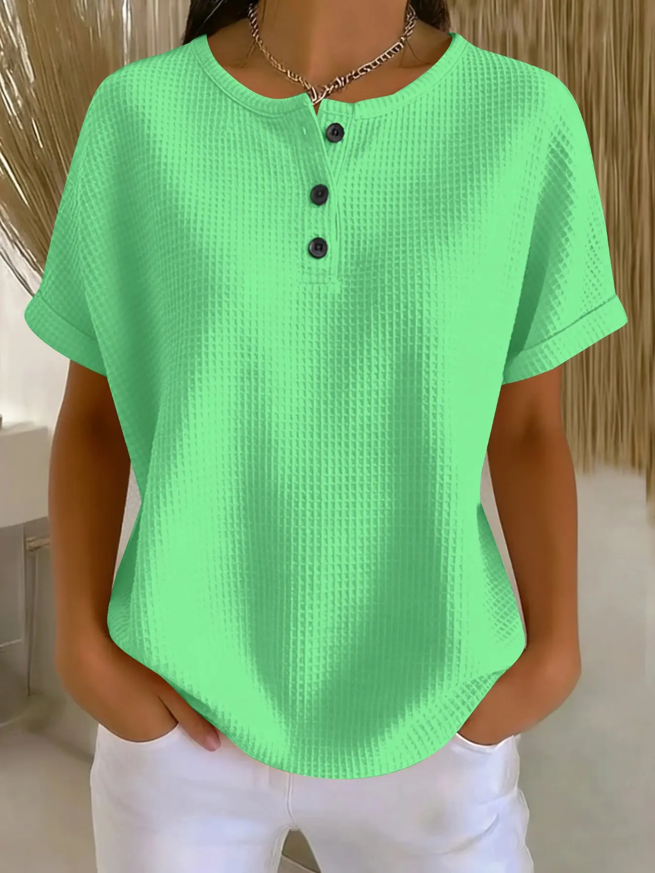 Elegant Boho Half Sleeve Top, Fitted Solid Color, Breathable Soft Fabric, Round Neck Buttonless Pullover, Spring/summer Women's Fashion Blouse