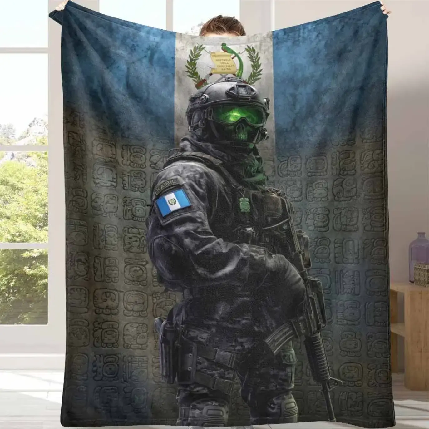 Tactical Soldier Graphic Throw Blanket, Military Warrior Design Blanket, Modern Combat Style Fleece Blanket for Couch Sofa Bedroom Decor, Soft Cozy Warm Blanket for Men, Military Fans, Gaming Room, Outdoor Camping and Unique Gift Ideas