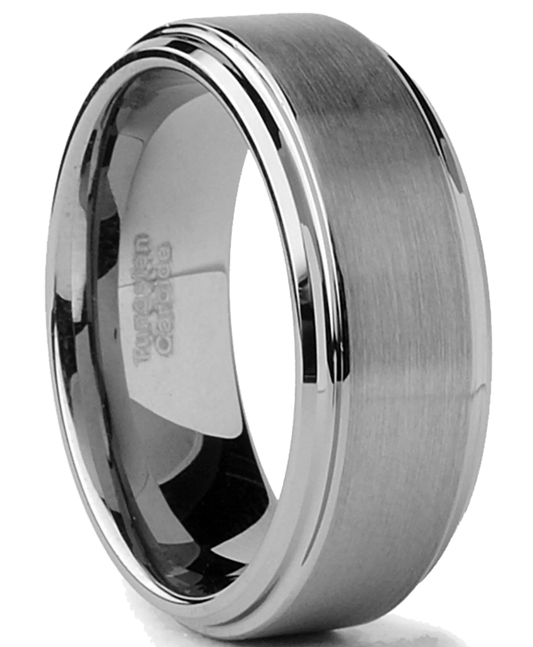 Premium Durable Tungsten Men's Wedding Band, 8MM, Brushed Finish, High-Polish Silvertone, Comfort-Fit, Beveled Edges, Elegant Silver Jewelry with Included Jewelry Box