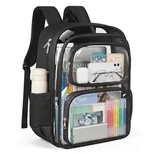 Backpack Clear PVC Schoolbag with 4-Layers See Through Design, Large Capacity Transparent Bookbag with Breathable Padded Straps, Multi Pocket Travel Backpack for College, Work, Security Check, Outdoor Activities