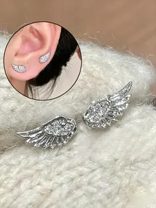 Unisex Winged Zircon Mini Earrings, Unique Design, Screw-On Closure, Party & Daily Wear, Trendy & Versatile, Perfect for All Seasons