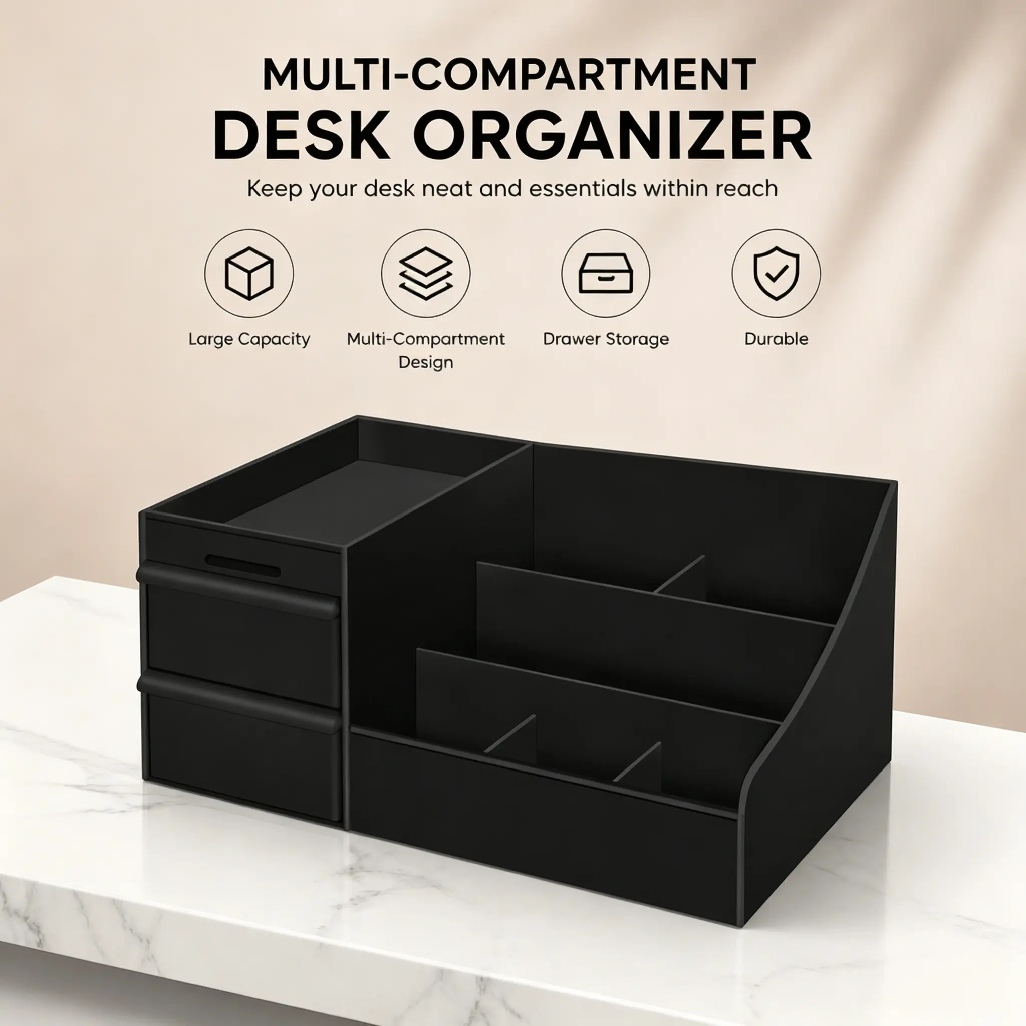 Multi Compartment Desktop Organizer with 2 Drawers - Large Capacity Freestanding Home Organizing Accessory, Compact Reusable Insert Box Storage Boxes, Waterproof Matte Office Supplies Holder for Vanity Countertop