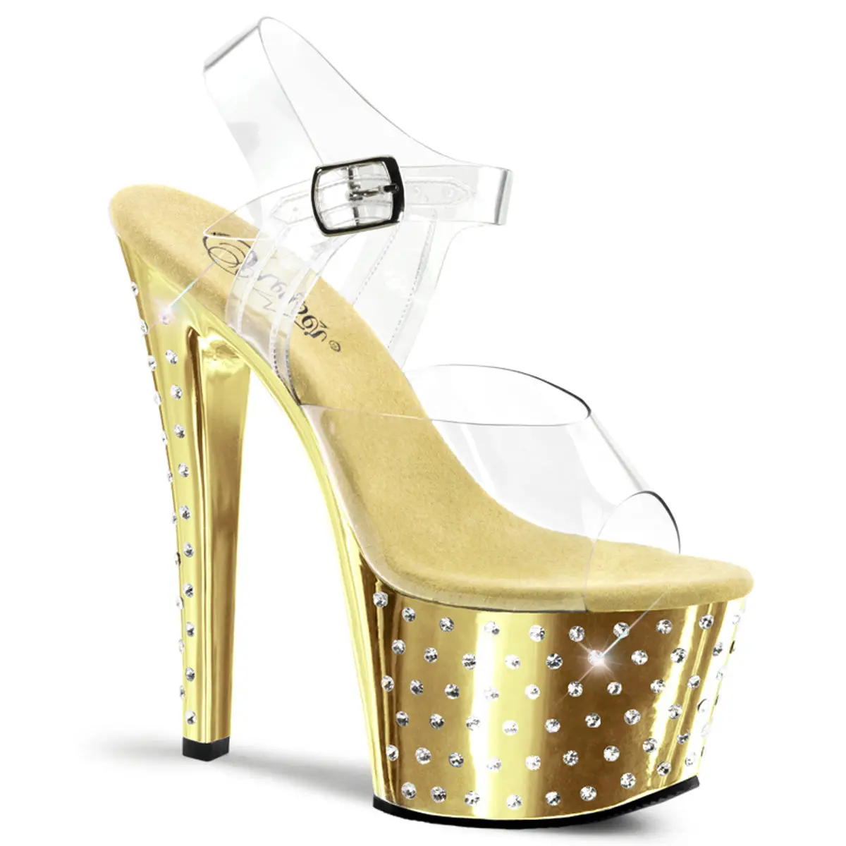 Women's Gold Platform Sandals, Elegant 7-Inch High Heels with Ankle Strap, Transparent Straps and Rhinestone Studded Chrome Bottom, Decor, Stylish, Footwear, Heeled, Fashion, Shoe, Heels For Women, Classy, Night Out, Chrome Base