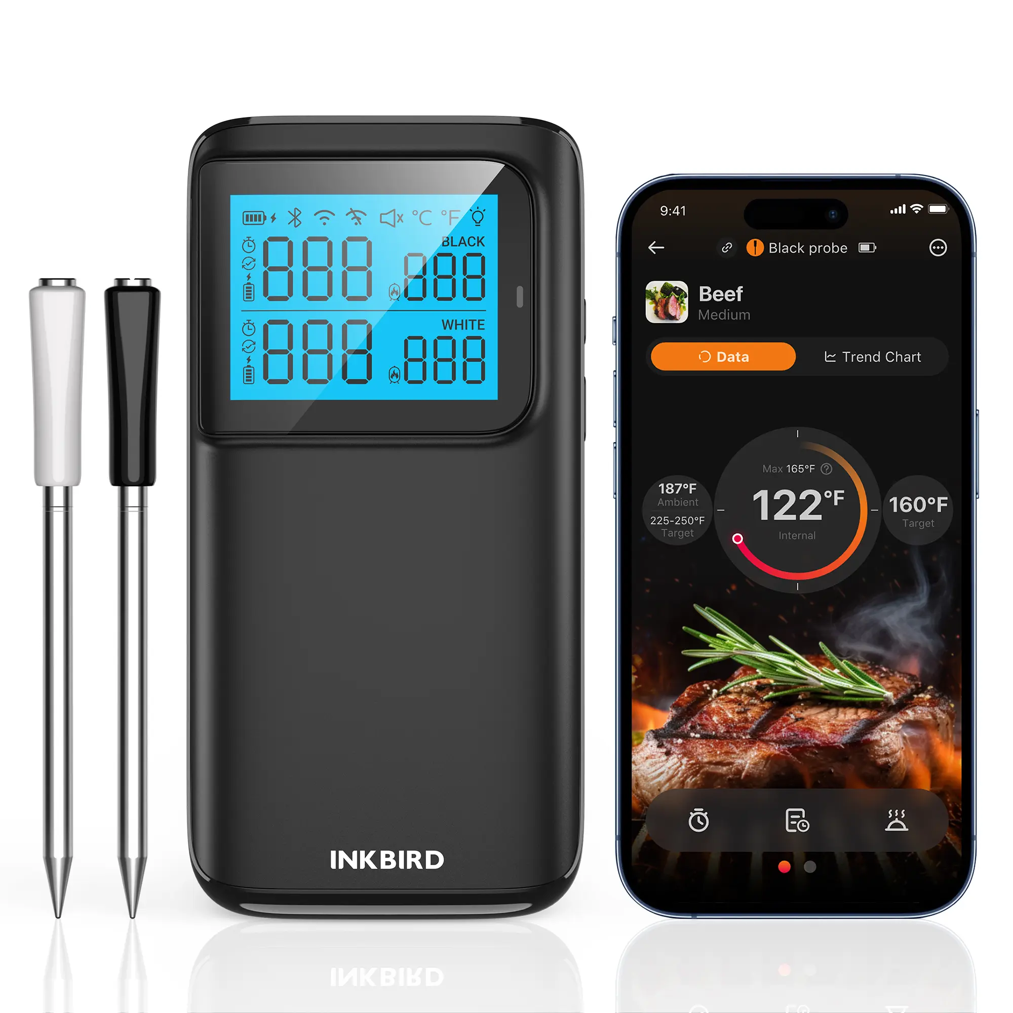 INKBIRD Digital Meat Thermometer - Kitchenware Utensils with Stainless Steel Build, 5G WiFi & Bluetooth 5.4 Dual Connectivity, 2 Probes, 5 Multi-Sensors, Dual Mode for BBQ, 25h Non-Stop Use, USDA Menu Alarms