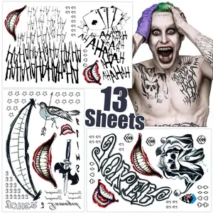Tattoos 13 Sheets,Halloween Temporary Tattoos for Men,Suicide Squad Fake Tattoo Stickers For Adults,Clown Costume Masquerade Cosplay Party Accessories Face Makeup,Large Size Waterproof springtok