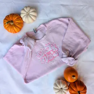 Pink Spooky Vibes Embroidered Sweatshirt, Pastel Halloween crewneck, Trendy Retro pullover, Ghost and Bat Sweater
