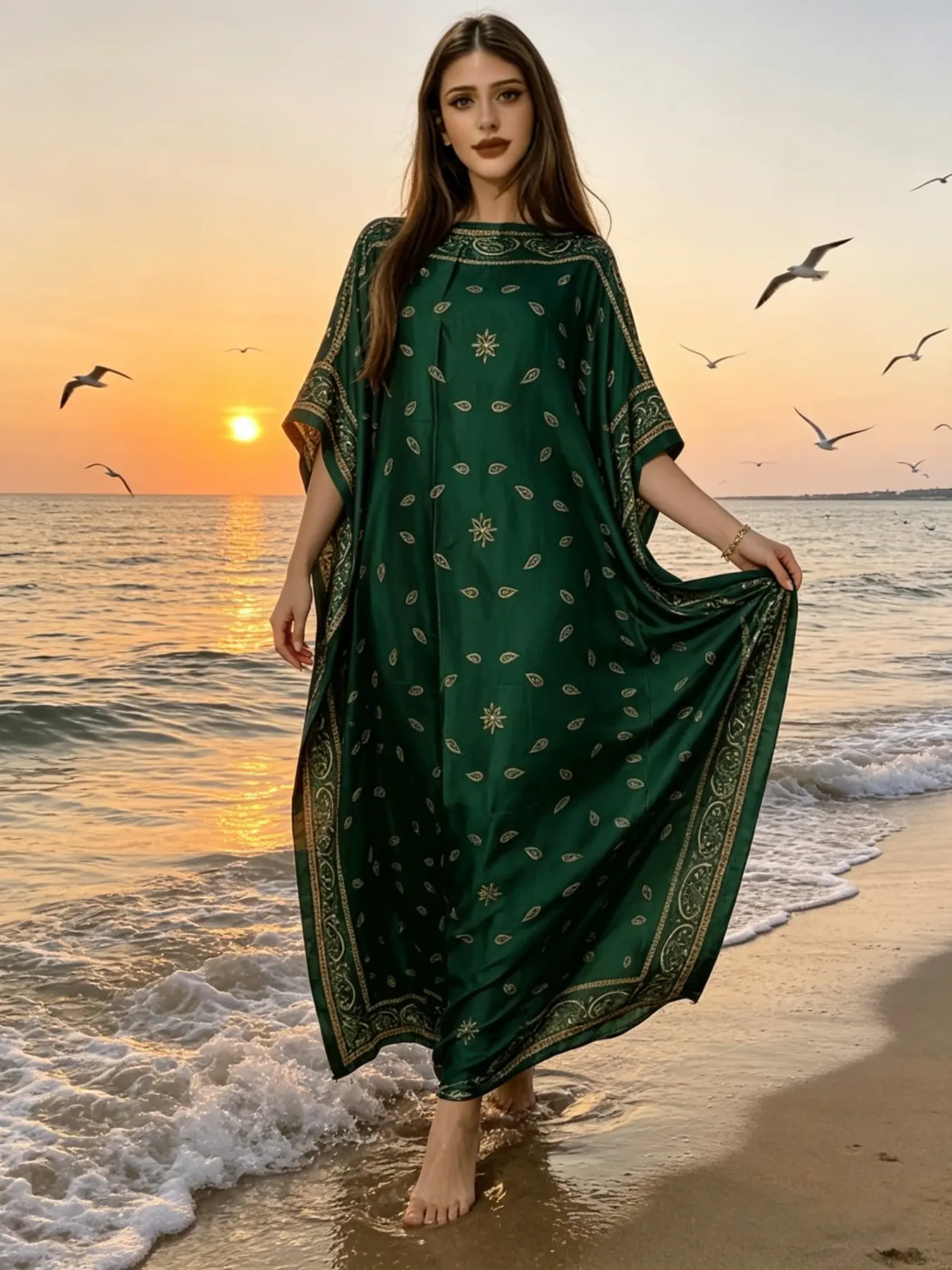 Two piece satin Kaftan set, retro dark green Kaftan gold geometric print dress with scarf, women's oversized Maxi beach skirt loose Muslim pajamas, a loose and fashionable choice for daily and party wear, perfect for beaches and resorts, Beach Kaftans