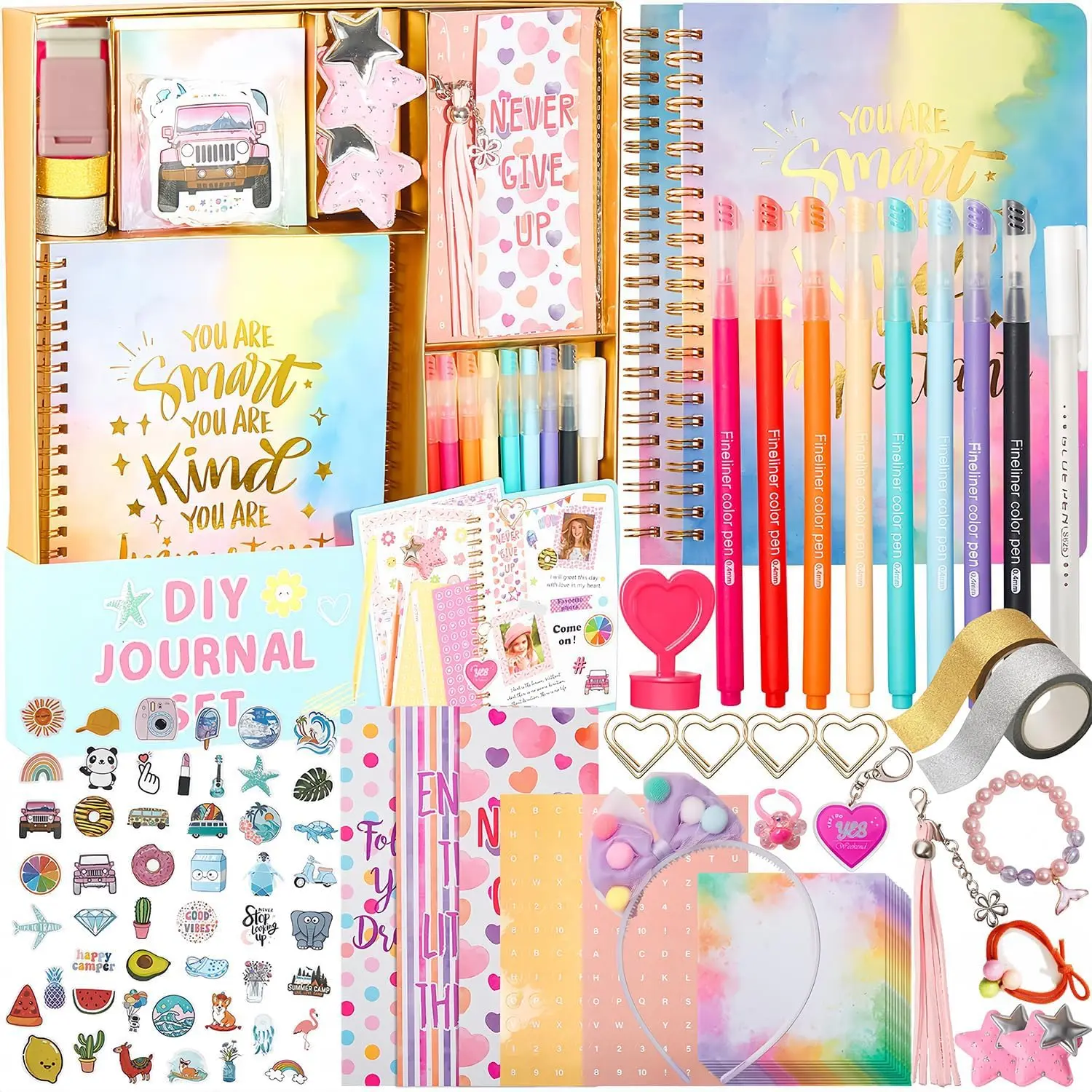6-13 Yrs Girls' 54-Piece DIY Diary & Journal Set, Creative Scrapbooking Stationery Kit with Sticker Packs, Writing Journal & Accessories, Back to School Gift