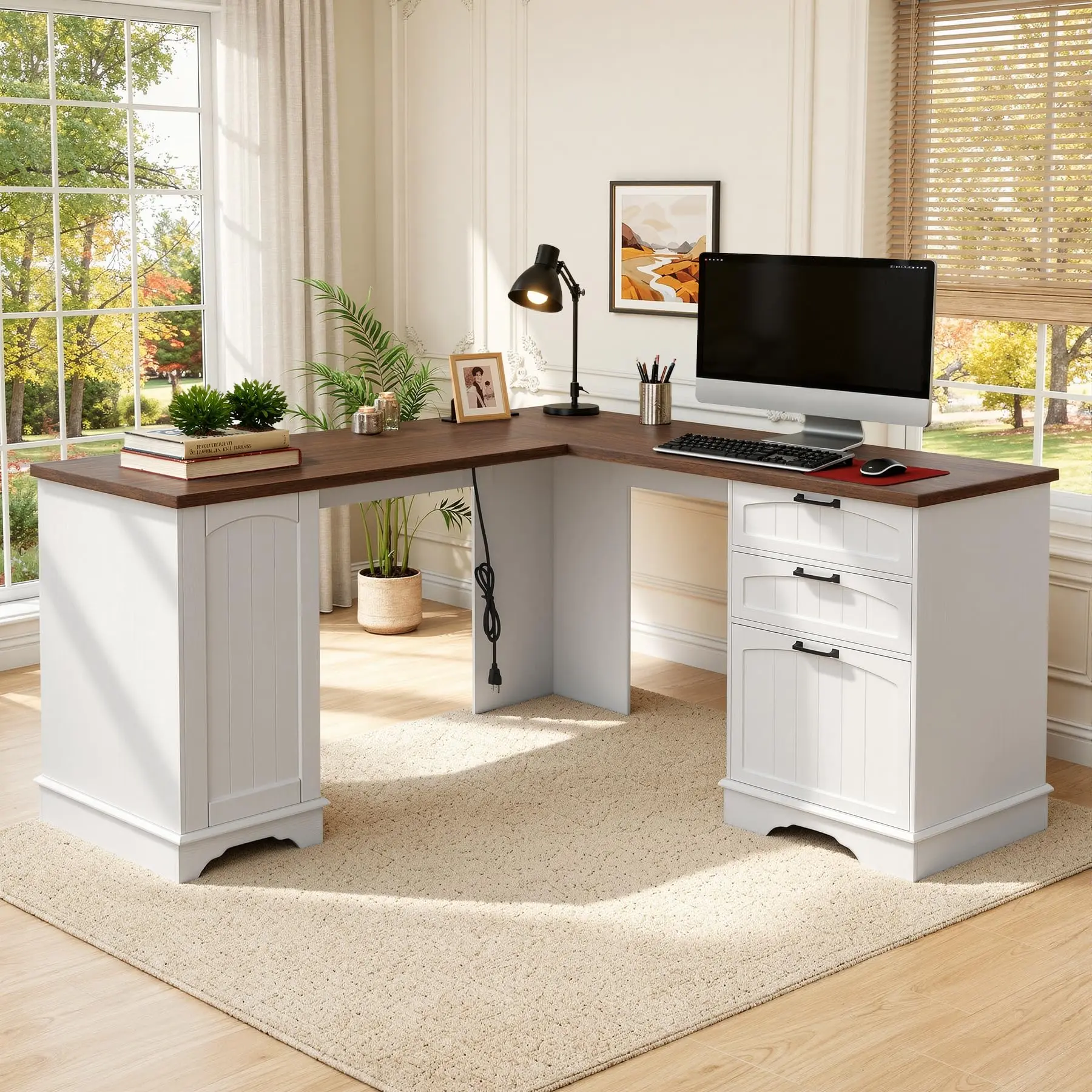 【2 Packages shipping】Nebuaegis 59" Farmhouse L Shaped Desk, Large Office Computer Desk with Power Outlets,Storage Cabinet & Double Pedestal, Home Office Desk for Work, Study, Writing,Brown and White