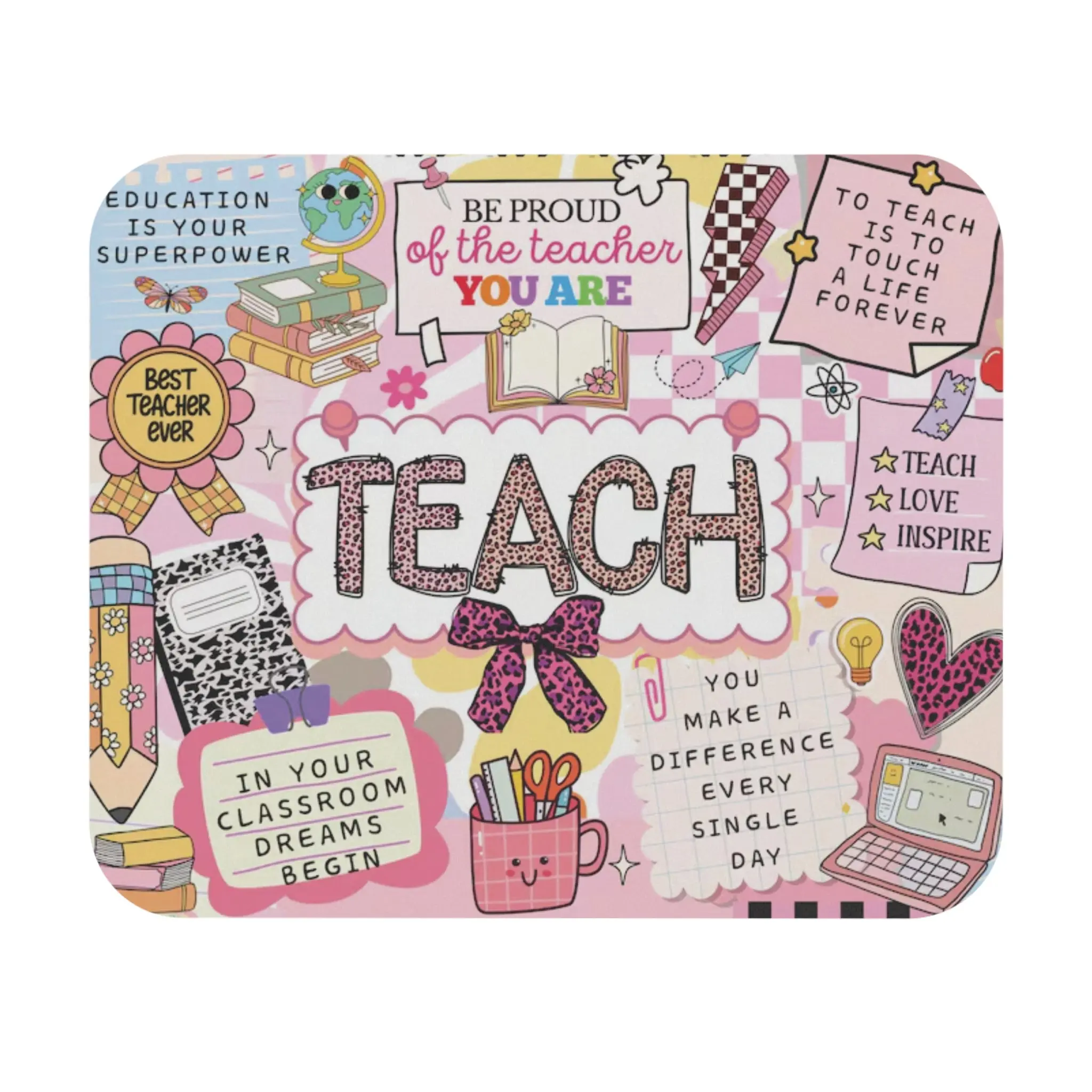 Teach, Inspire, Motivate Mouse Pad Teacher Desk Accessory with Uplifting Quote