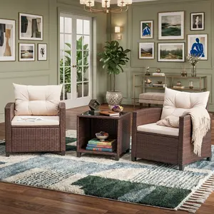 3 Piece Beige PE Rattan Patio Furniture Set, Weather Resistant Steel Frame Conversation Bistro Set with Removable Washable Cushion and Square Coffee Table, Soft Upholstered Leisure Chairs for Balcony Garden Porch Backyard Outdoor Decor