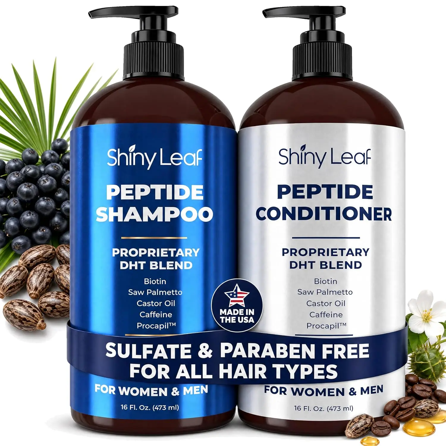 Shiny Leaf Peptide Shampoo & Conditioner Set with Biotin & Caffeine - 16 oz 2-Piece Sulfate-Free Thickening Treatment with Saw Palmetto (Color Safe)