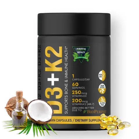 GREEN ROYALTY Vitamin D3 10000 IU + K2 200mcg Infused with Virgin Coconut Oil, Supplement for Immune, Heart, Teeth & Bone Health Dietary Healthcare