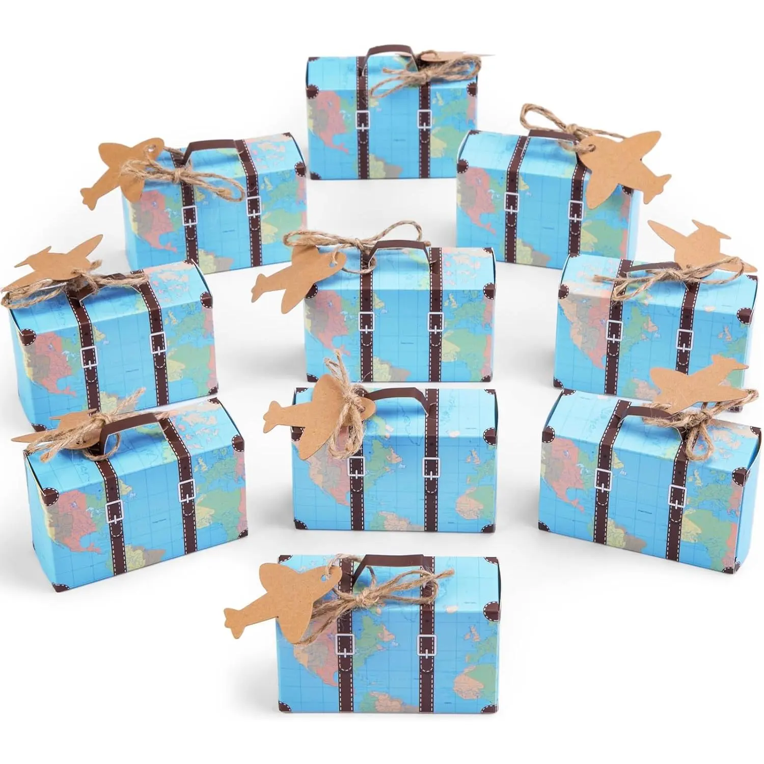 50 Piece Mini Suitcase Gift Box Party Favor Candy Box, Mini World Map Suitcase for Birthday Party/Wedding/Travel Themed Parties/Bride Shower Decoration, with Labels and Burlap Cloth