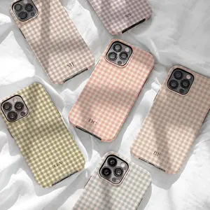 Boho Gingham Personalized Monogram Phone Case Initials Phone Cover for ip 17 16 15 14 13 12 11 ss s25 24 23