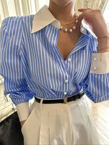 Women's Striped Print Button Front Blouse Shirt with Padded Shoulder Pads, Elegant Chic Casual Button Up Fitted Long Sleeve Puff Sleeve Collared Top for Daily Wear, Casual Elegant Classy Ladies Clothes for All Seasons, Womenswear