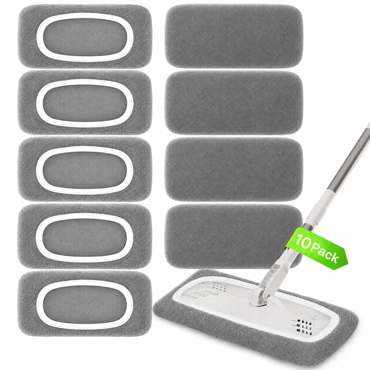 Washable Replacement Swiffer Mop Refills, Thick Microfiber Mop Replacement Pads, Reusable Microfiber Mop Pads Wet & Dry Floor Cleaning, Green Gray 10Pcs