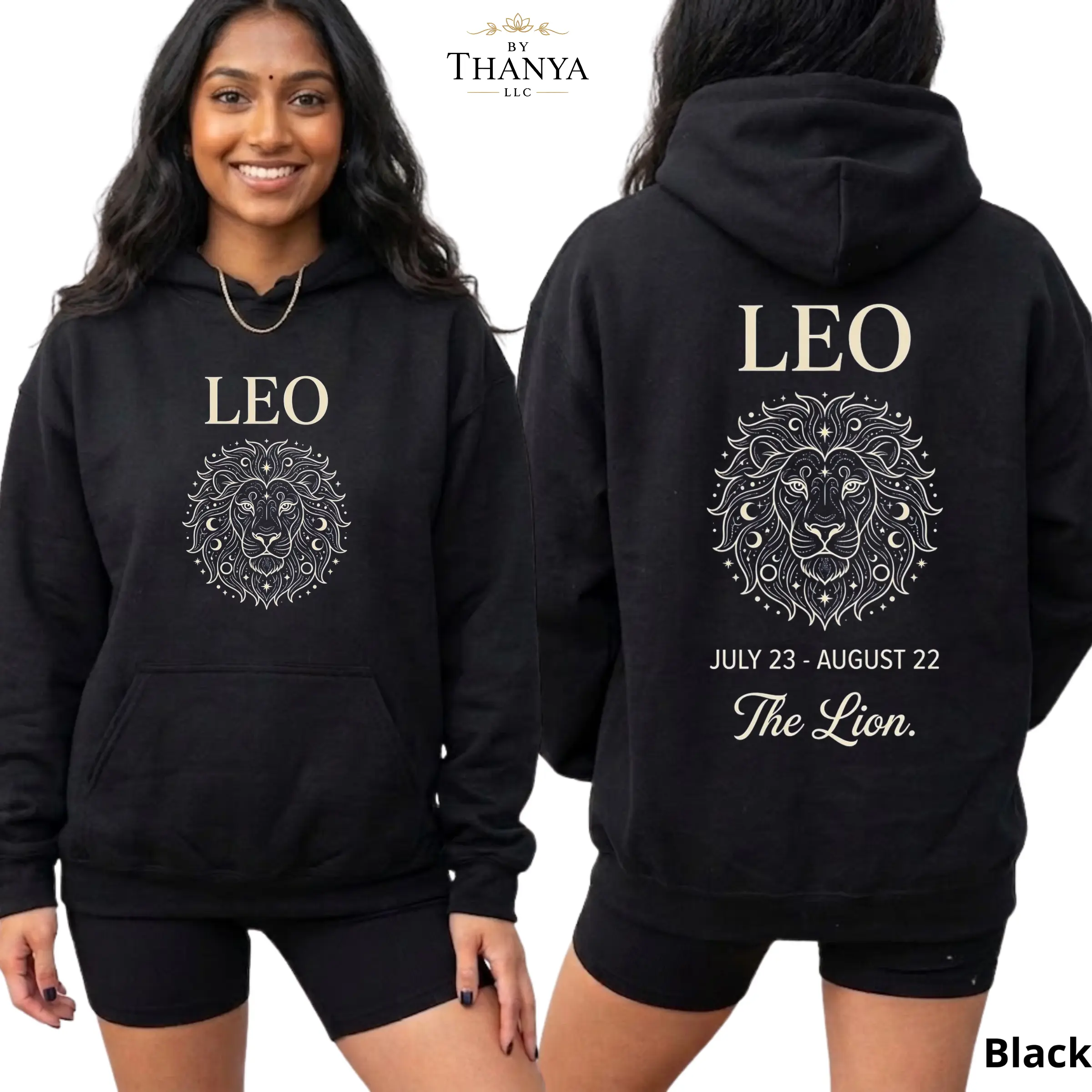 Leo Zodiac Hoodie, Astrology Lion Graphic Hooded Sweatshirt, Front and Back Print Horoscope Pullover, Birthday Gift for Women Men - By Thanya LLC