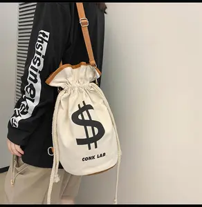 Pouch with Drawstring Dollar Sign，Halloween Cosplay Canvas Money Bag Lightweight Sport Bags (Off White)