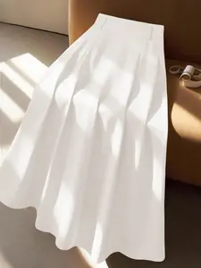 Women's Plus Size A-Line Pleated Skirt High Waist Solid Black Midi Skirts Elegant Formal Office Workwear Business Casual Corporate Core Flowy Versatile Daily Outfits Spring