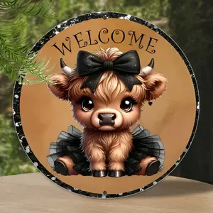 Rustic Highland Cow Welcome Sign - 8"x8" Round Aluminum Alloy Wall Plaque, Bow-Adorned Decor, Durable Home & Garden Accent for Kitchen, Holiday, Office Use, Vintage Wall Decor