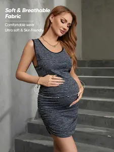 Maternity Belly Support Dress, High Stretch Fabric, Side Pleat Design, Waist Support, Comfortable for Late Pregnancy, Maternity Dresses, Maternity Clothing