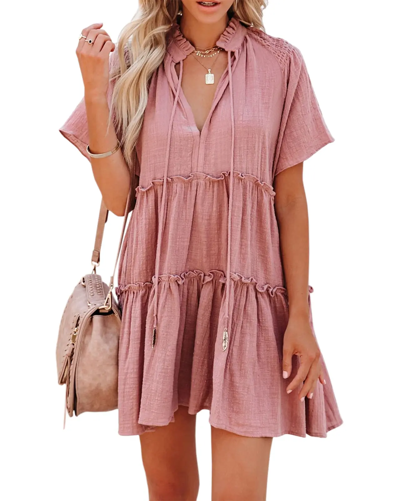 Lady's Casual Short-Sleeve Split V-Neck Ruffle Drawstring Neck Tiered Mini Babydoll Tunic Dress, Sky Blue, Shortsleeve