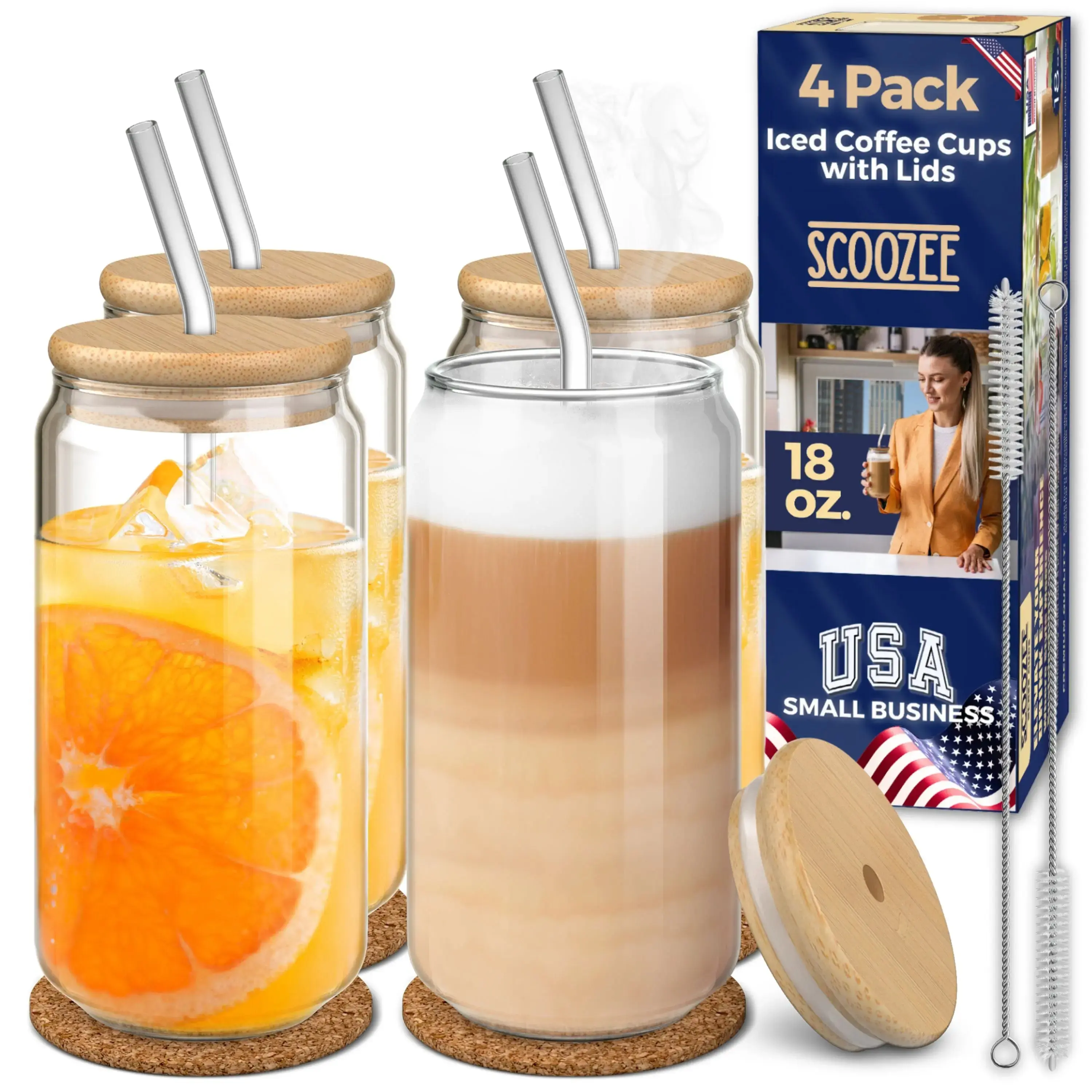 Scoozee Drinking Glasses with Bamboo Lids and Glass Straws - 18 oz, Set of 4
