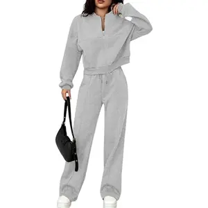 Plus Size Women's Solid Zip Up Drop Shoulder Jacket & Elastic Waist Pants Casual Fashion Cozy Breathable Two Piece Outfits for Daily Outdoor Wear Clothes Womenswear Pocket Fabric