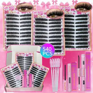 3 Style Eyelash Cluster Set, Cat Eye Volume Eyelash Clusters with 540 Extensions, Wispy Fox Eye Winged Style Eyelash Extension Kit,Includes Adhesive & Sealant Remover Applicator Lash Brushes,quick for Eye Make Up and Everyday for Home Use