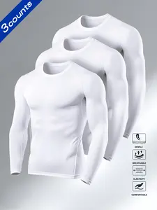 Men's 3-Pack Stealth Compression Long Sleeves- All White Gym to Office Base Layer, Moisture-Wicking Poly-Spandex Blend with Seamless Tech, Breathable Workout Shirt