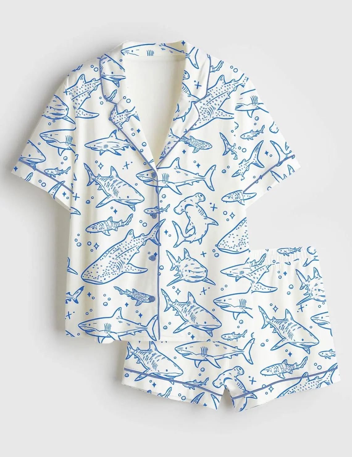 Cute Women’s Shark Print Pajama Set – Ocean Inspired Short Sleeve Satin Sleepwear Lounge Set for Relaxing, Sleeping, and Casual Home Wear