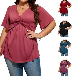 [1X-5X]Auciccoo Plus Size Tops for Women Twist Knot Short Sleeve Tunic Tops Blouse V Neck Shirts