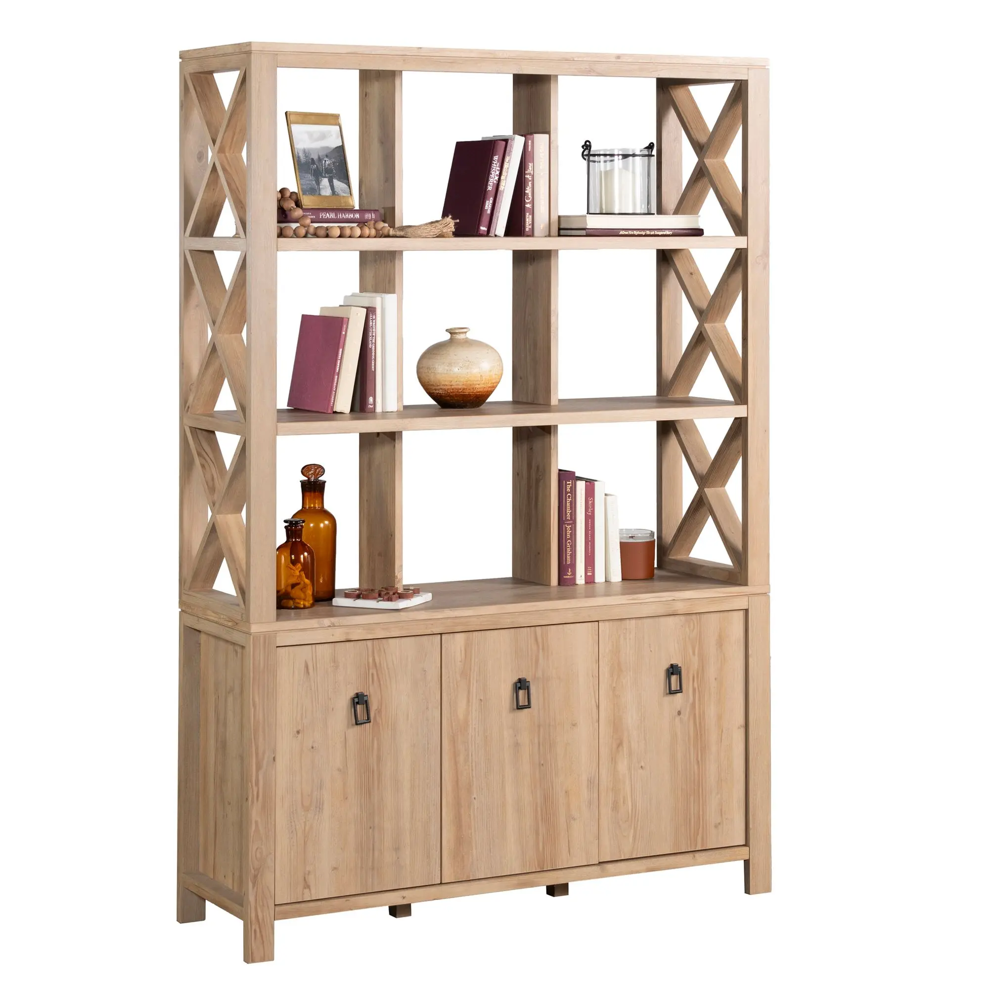Sauder Newberry Lane Sturdy Storage Wall - Adjustable Shelves, Closed Compartments for Book Storage, Living Rooms Kitchenware Display
