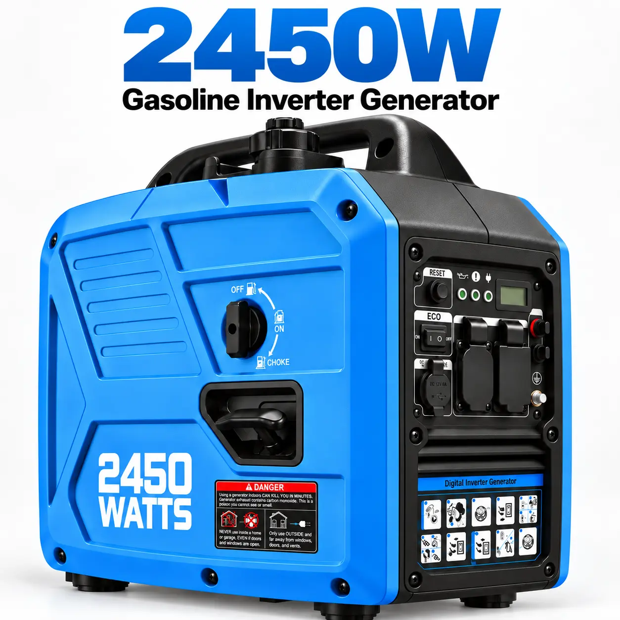 Portable Inverter Generator, Quiet Gas Powered Generator for Home Backup, Camping & RV Use, 1800W Running / 2450W Peak, Easy Start Fuel Efficient Outdoor Emergency Power