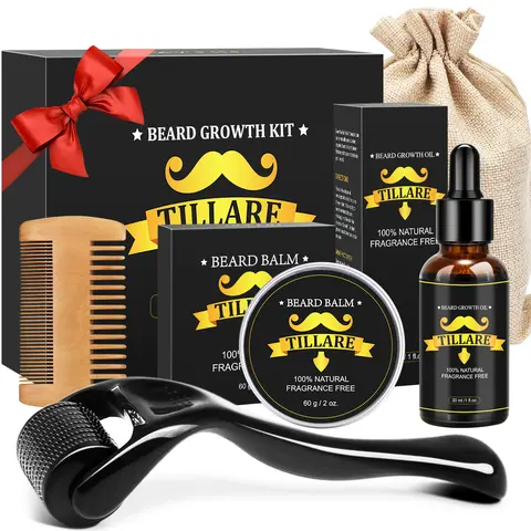 TILLARE Beard Routine Kit for Moisturizing Facial Hair Growth - Men's Grooming Set with Nourishing Beard Oil, Balm, Comb, Massager - Gift for Boyfriends (Christmas, Birthday Ideas) [Suitable for All Types]